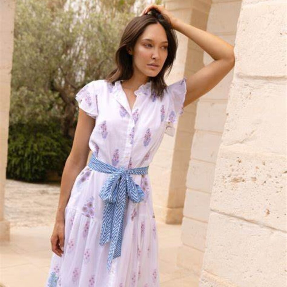 $328 NWT Oliphant Ruffle Collar Button Maxi - Tavira Blue XS